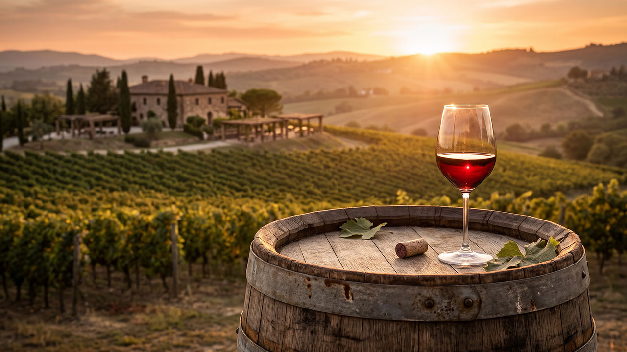 O podgorie pitorească la apus, cu un pahar de vin roșu pe un butoi de lemn, reprezentând enoturismul